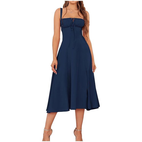 Dresses & Skirts - Floral Midi Corset Dress Boho Flowy Slit Lace Up Dresses for Women Solid Navy